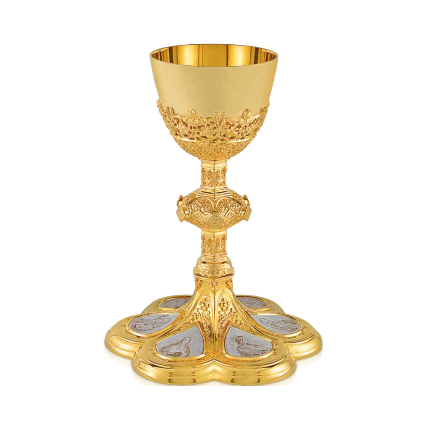 Chalice and Scale Paten in the Neo-Gothic Style Adorned with medallions depicting the Crucifixion, the Sacred Heart of Je
sus, the Virgin Mary, and the saints: St. Joseph, St. John the Evangelist, and St. 
Stanislaus the Martyr.