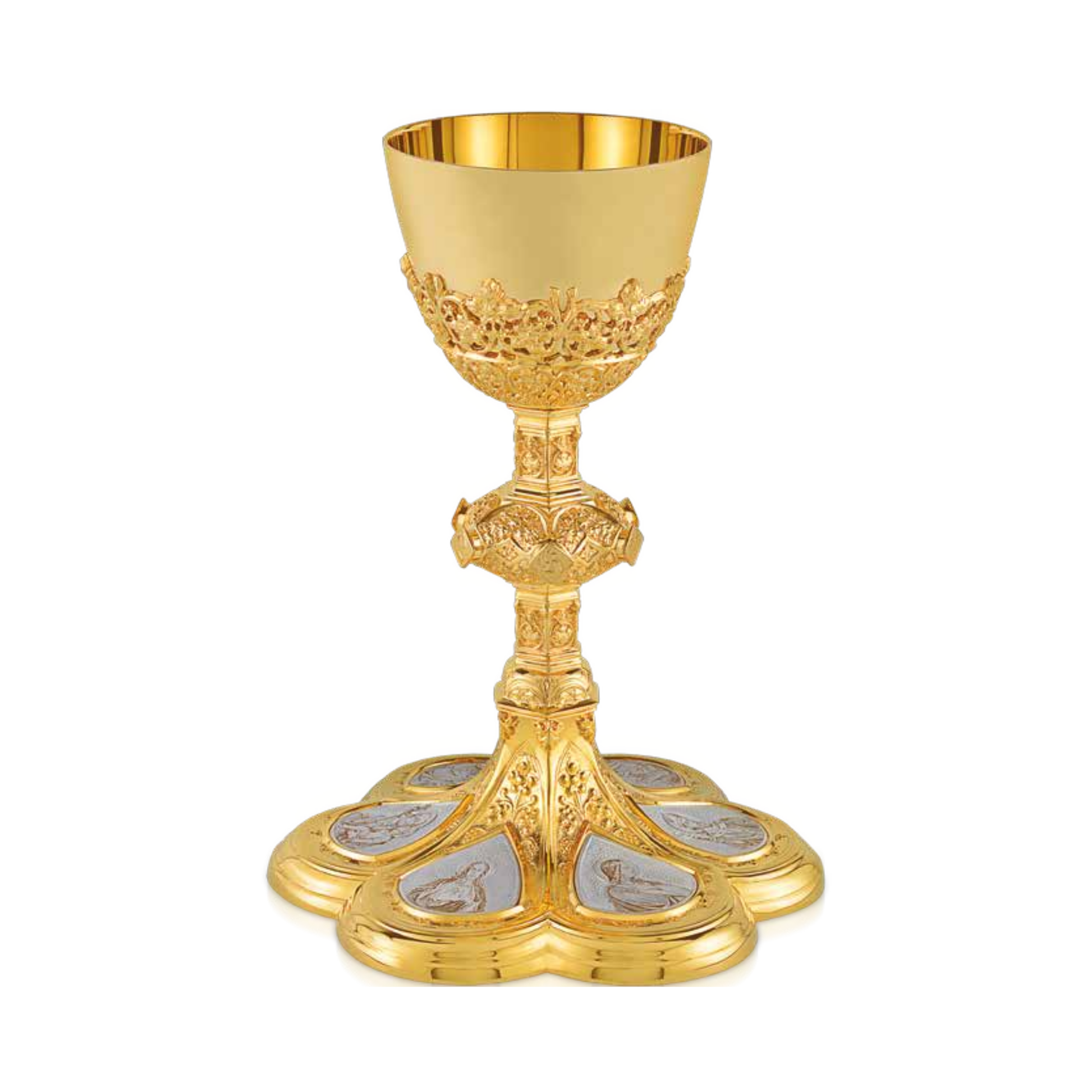 Chalice and Scale Paten in the Neo-Gothic Style Adorned with medallions depicting the Crucifixion, the Sacred Heart of Je
sus, the Virgin Mary, and the saints: St. Joseph, St. John the Evangelist, and St. 
Stanislaus the Martyr.