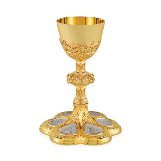 Chalice and Scale Paten in the Neo-Gothic Style Adorned with medallions depicting the Crucifixion, the Sacred Heart of Je
sus, the Virgin Mary, and the saints: St. Joseph, St. John the Evangelist, and St. 
Stanislaus the Martyr.