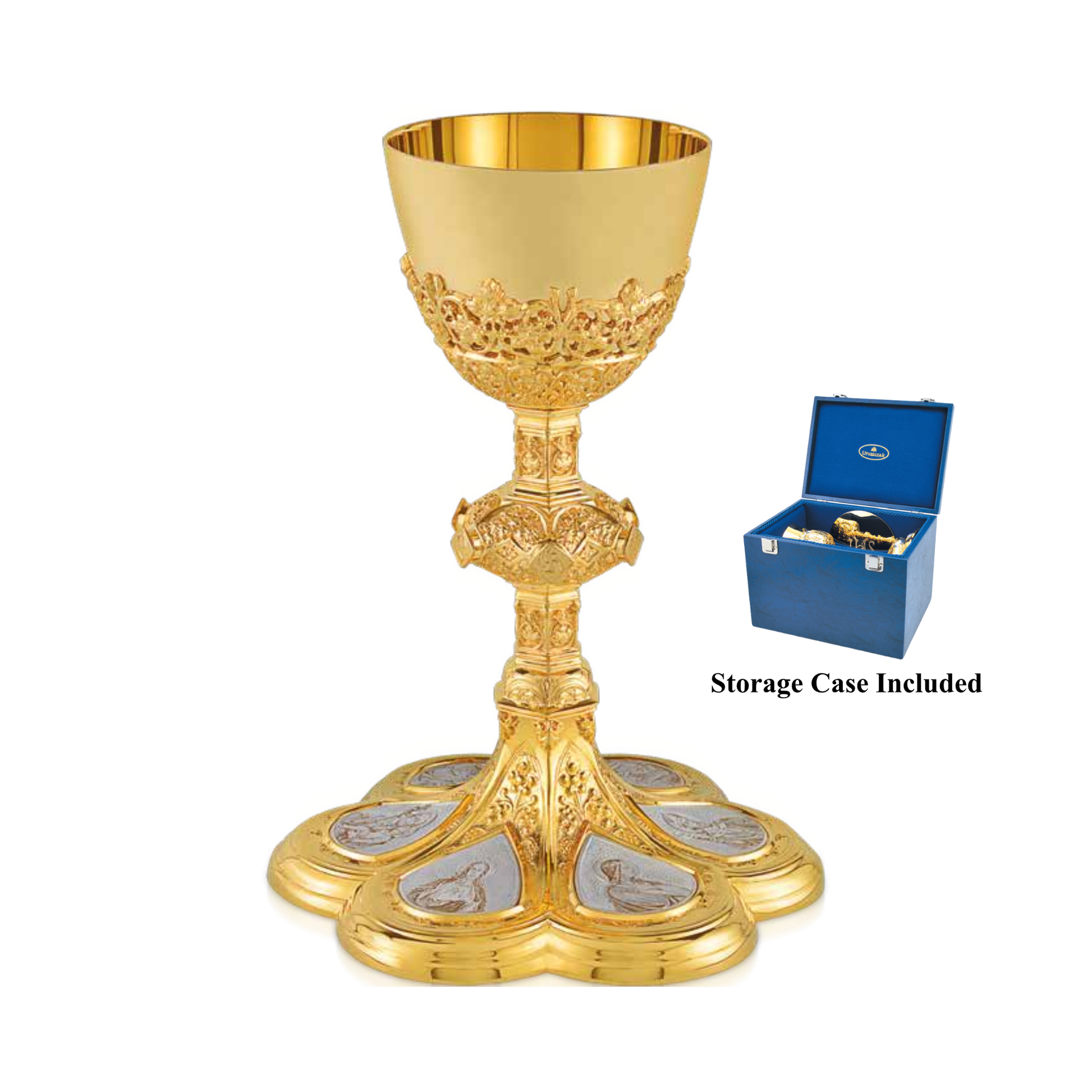 Chalice and Scale Paten in the Neo-Gothic Style Adorned with medallions depicting the Crucifixion, the Sacred Heart of Je
sus, the Virgin Mary, and the saints: St. Joseph, St. John the Evangelist, and St. 
Stanislaus the Martyr.