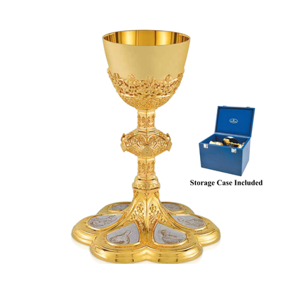 Chalice and Scale Paten in the Neo-Gothic Style Adorned with medallions depicting the Crucifixion, the Sacred Heart of Je
sus, the Virgin Mary, and the saints: St. Joseph, St. John the Evangelist, and St. 
Stanislaus the Martyr.