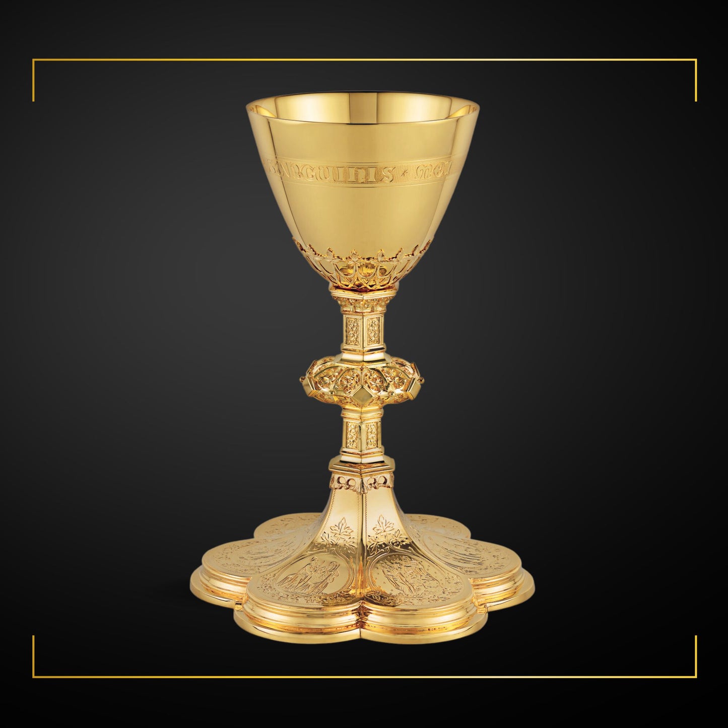 Chalice & Scale Paten in neo-gothic style with scenes from the Old 
Testament, and cup inscription: “HIC EST ENIM CALIX SANGUINIS MEI”  9” Ht. sold by The Clergy Store