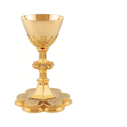 Chalice & Scale Paten in neo-gothic style , 9” Ht. sold by The Clergy Store