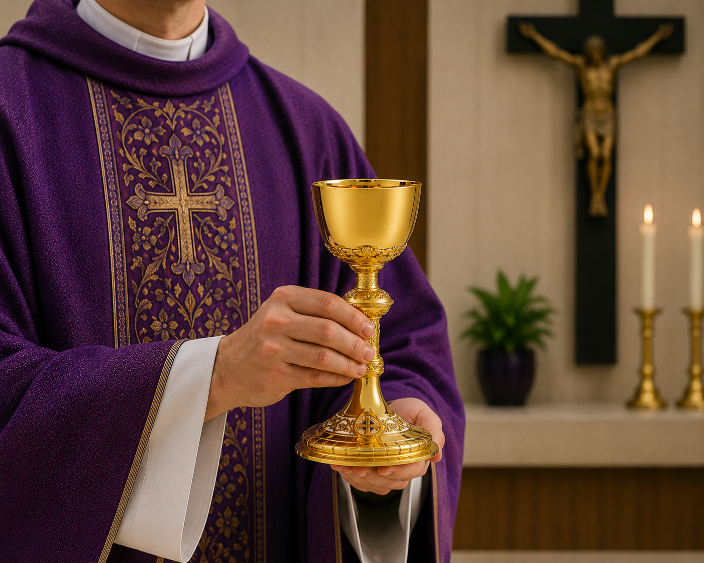 Priest in purple vestment holding a gold chalice in a church setting with crucifix and candles.