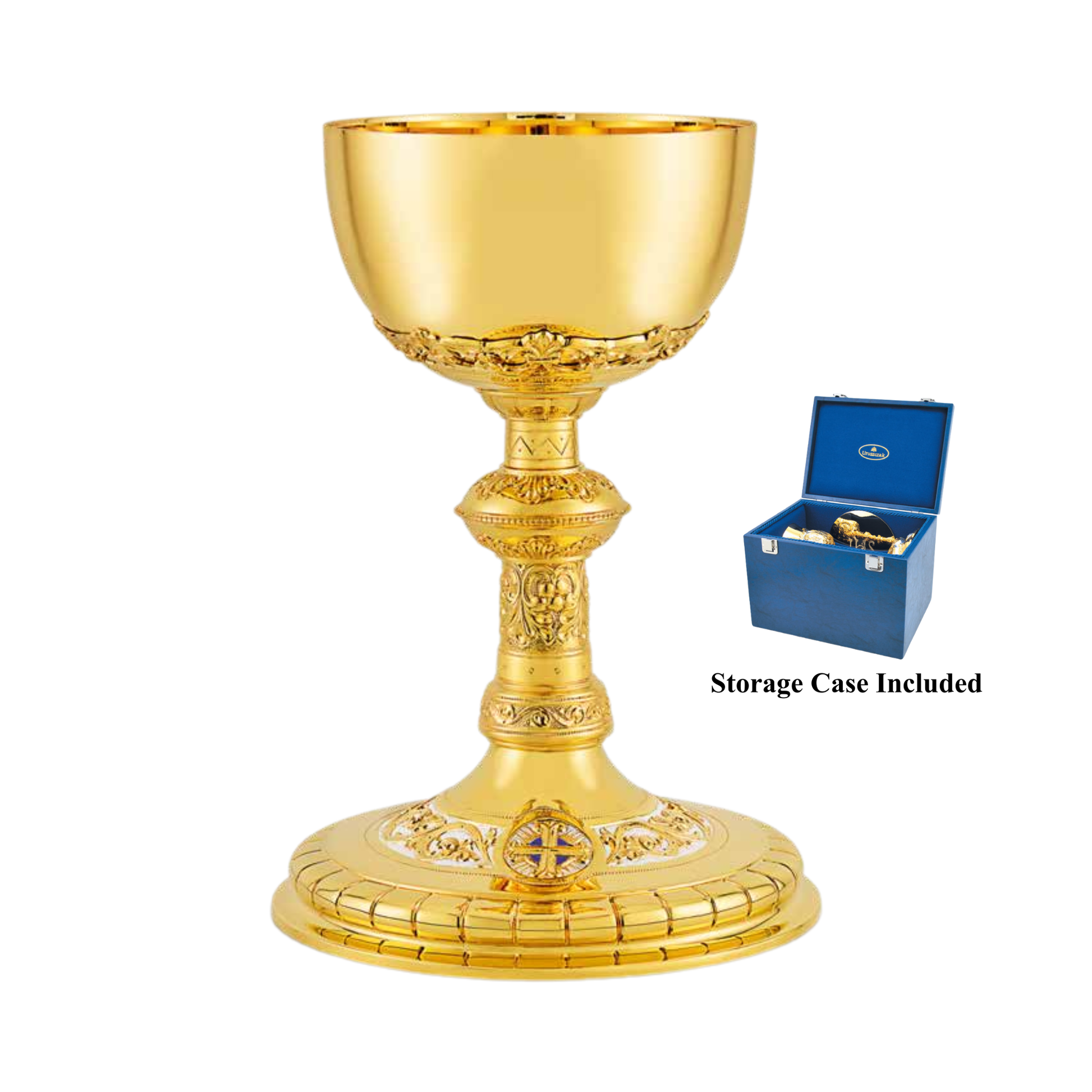 Decorative gold goblet with a blue storage case 
