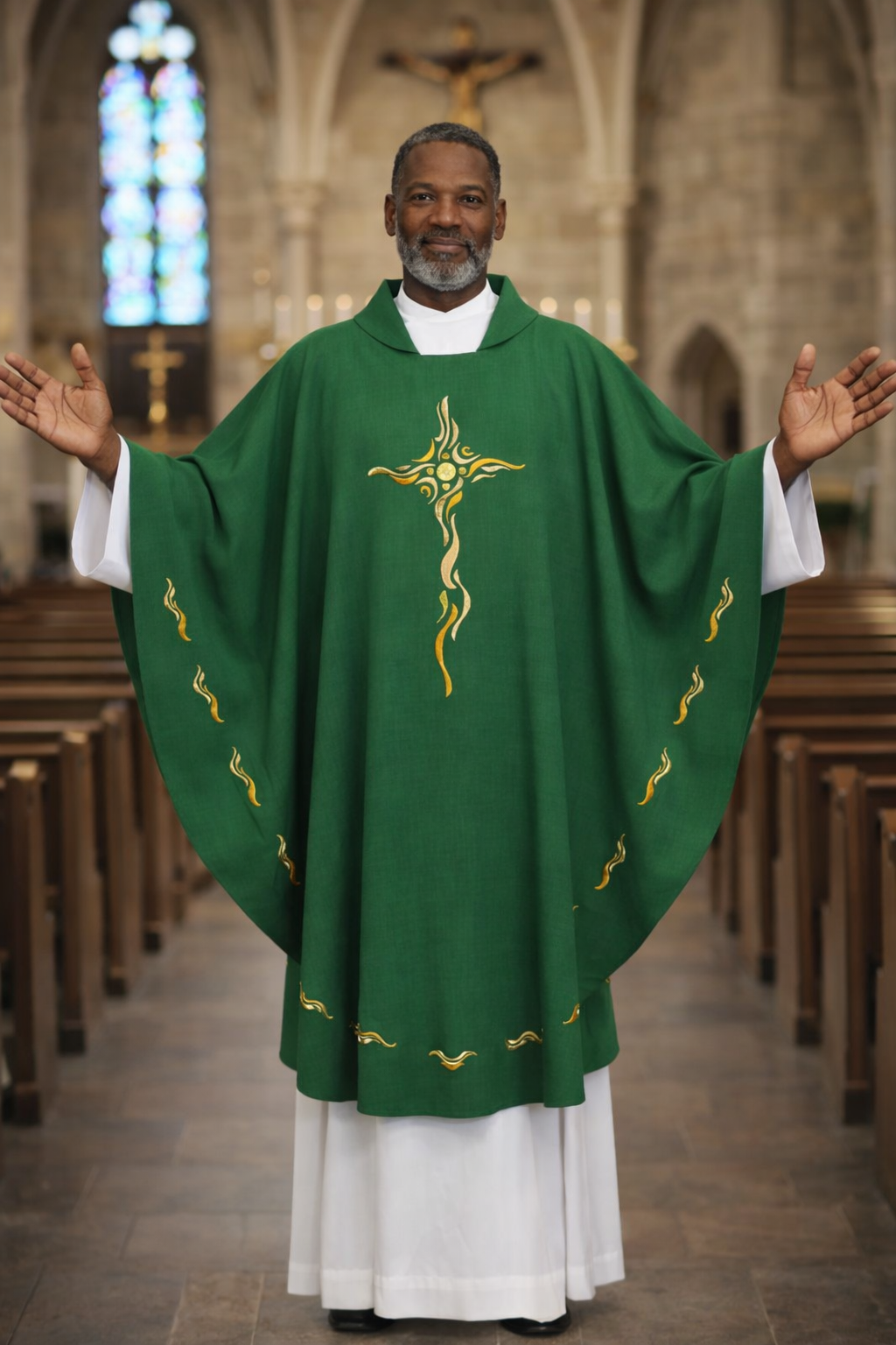 Green chasuble with a beautiful contemporary cross motif design  on lightweight material. 