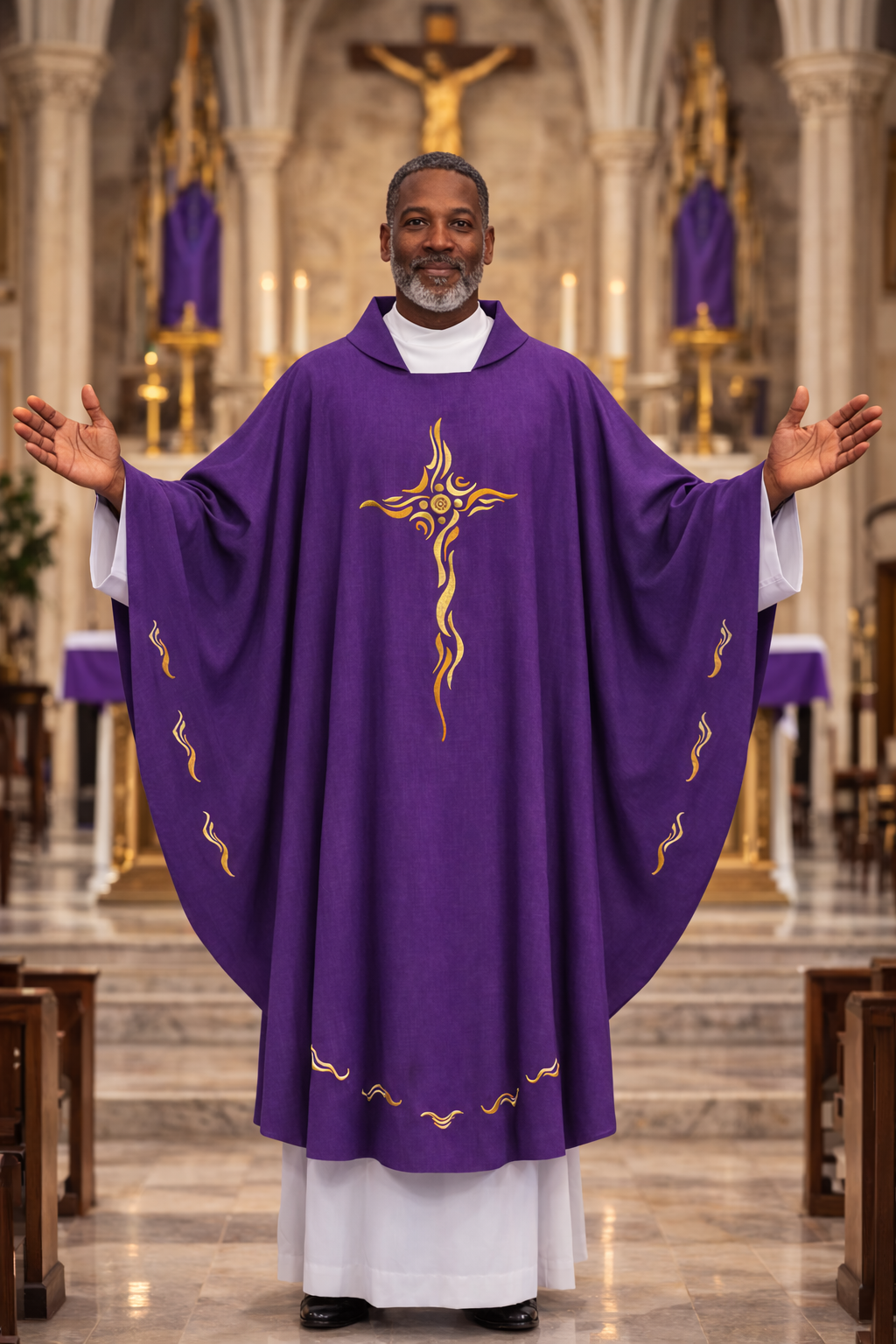 Purplechasuble with a beautiful contemporary cross motif design  on lightweight material. 