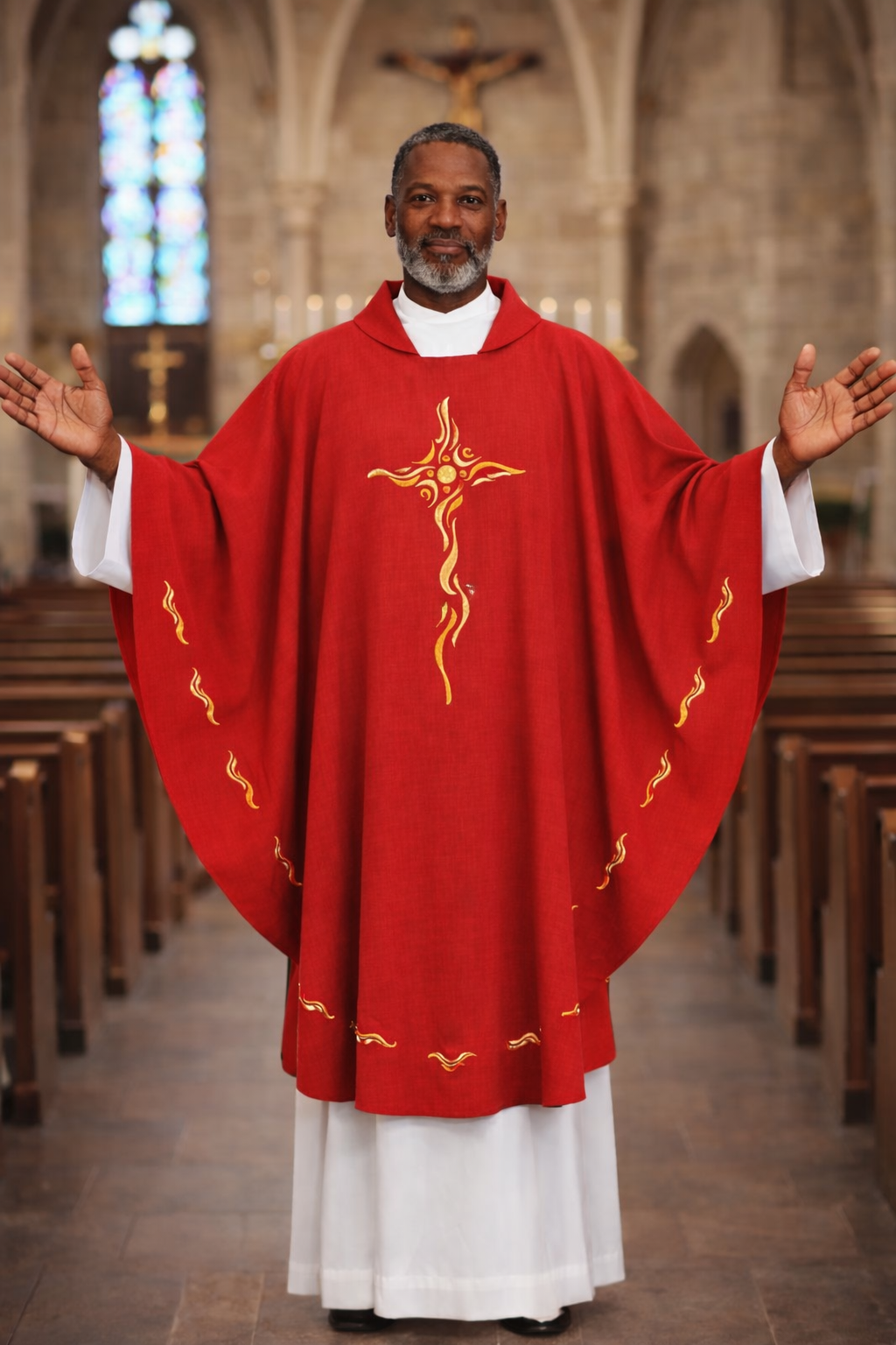 Red chasuble with a beautiful contemporary cross motif design  on lightweight material. 