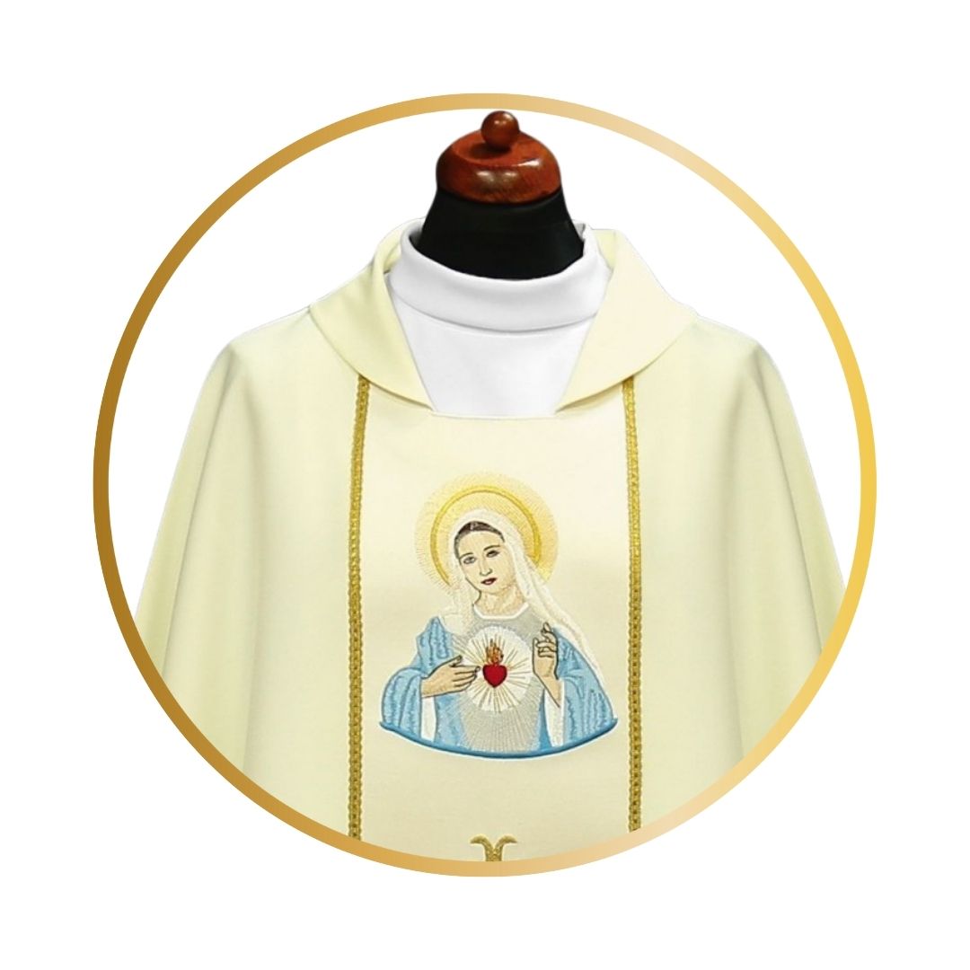 Chasuble with image of Heart and Mary on off-white polyester and open collar.