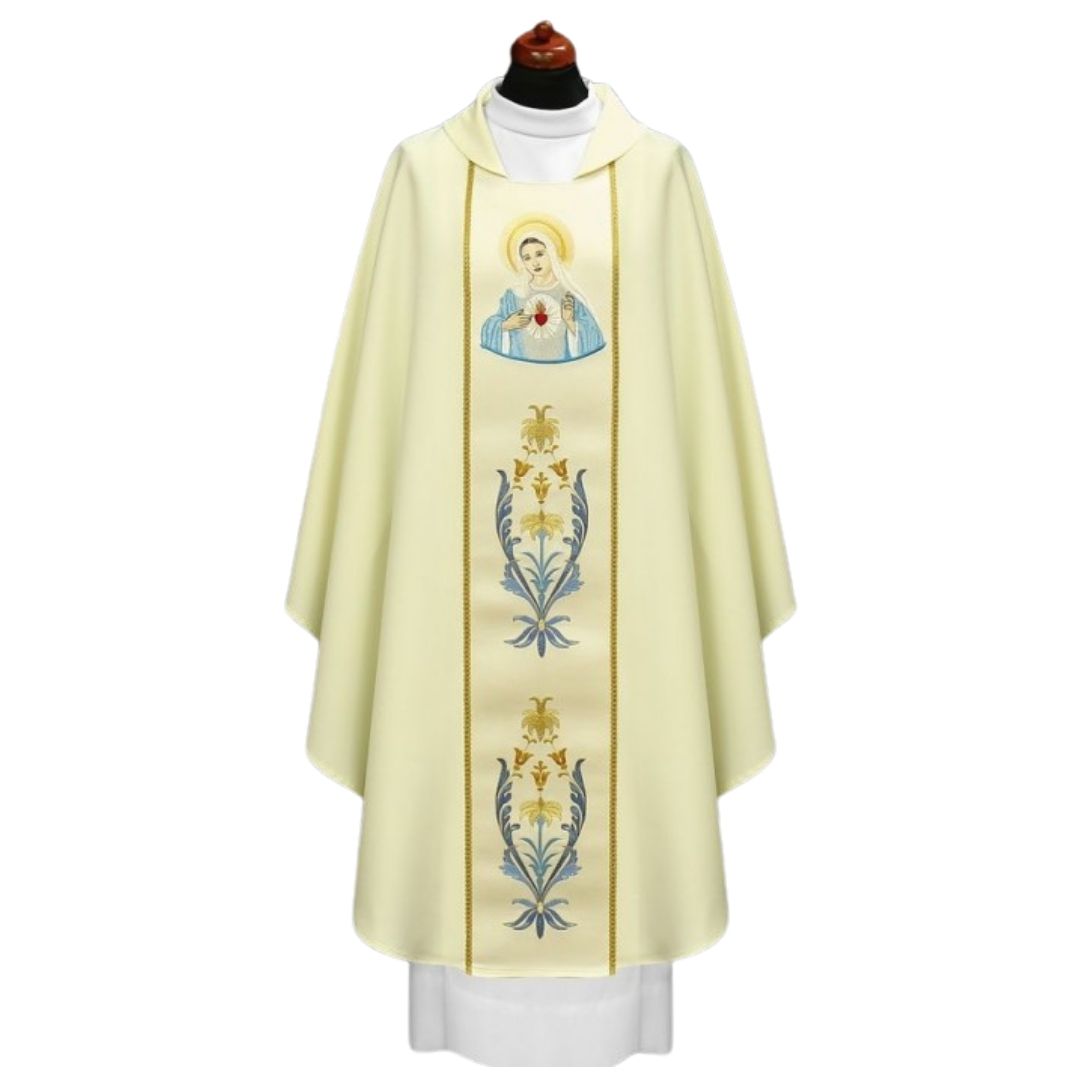 Chasuble with image of Heart and Mary on off-white polyester and open collar.