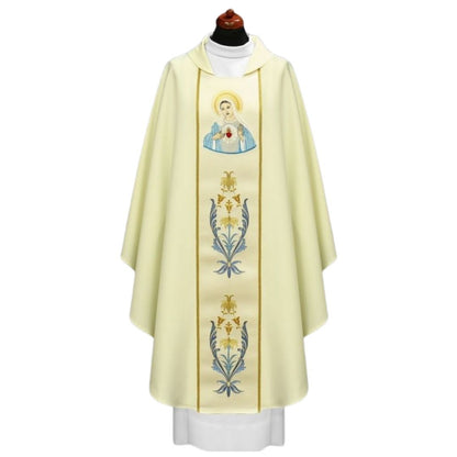 Chasuble with image of Heart and Mary on off-white polyester and open collar.