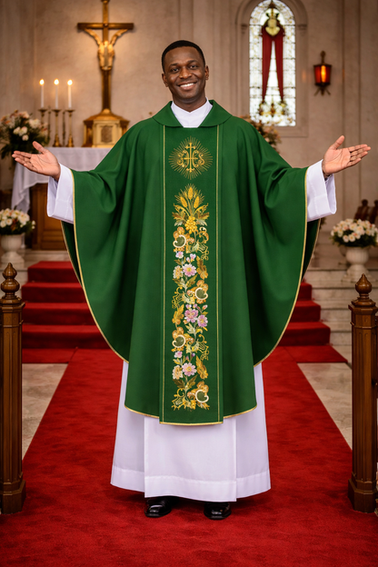 Priest in a green and white robe with floral patterns standing in a church setting.