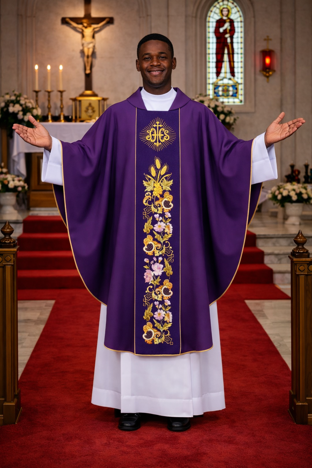 Priest in purple vestment with floral patterns standing in a church.