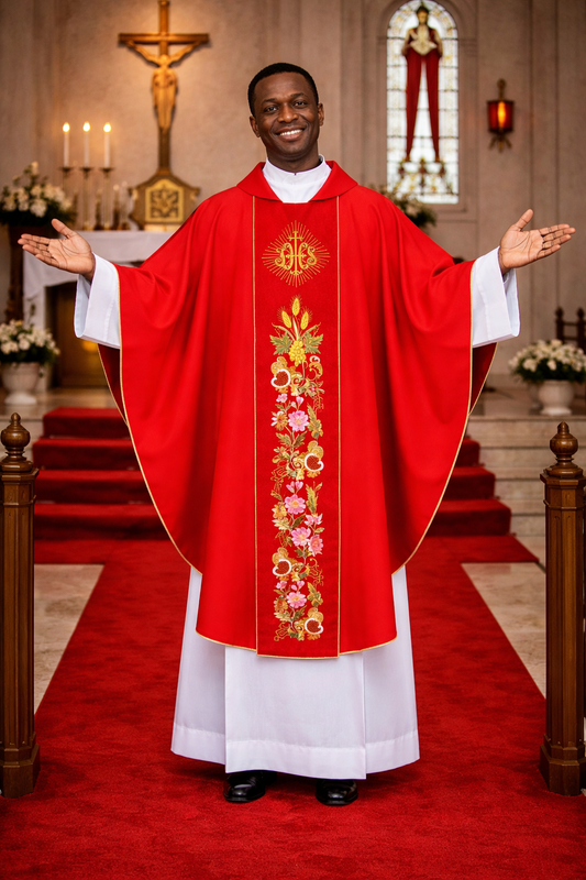 Priest in red vestment with floral embroidery standing in a church.