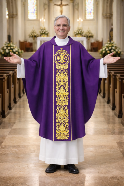 Priest in a purple vestment with gold embroidery in a church setting