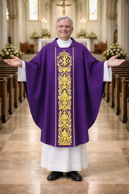 Priest in a purple vestment with gold embroidery in a church setting