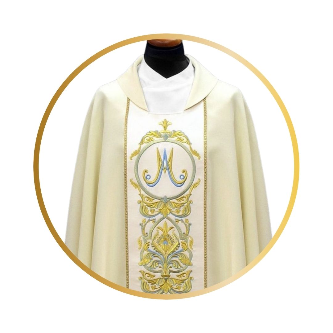 Marian chasuble with baroque embroidery on satin orphrey.