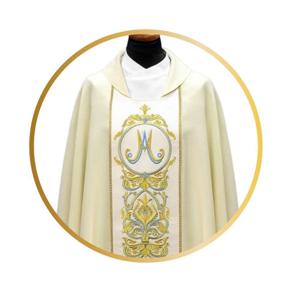 Marian chasuble with baroque embroidery on satin orphrey.