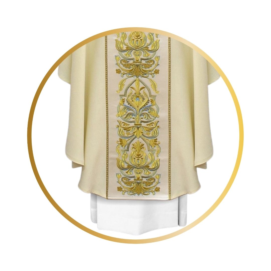 Marian chasuble with baroque embroidery on satin orphrey.