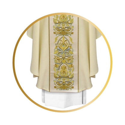 Marian chasuble with baroque embroidery on satin orphrey.