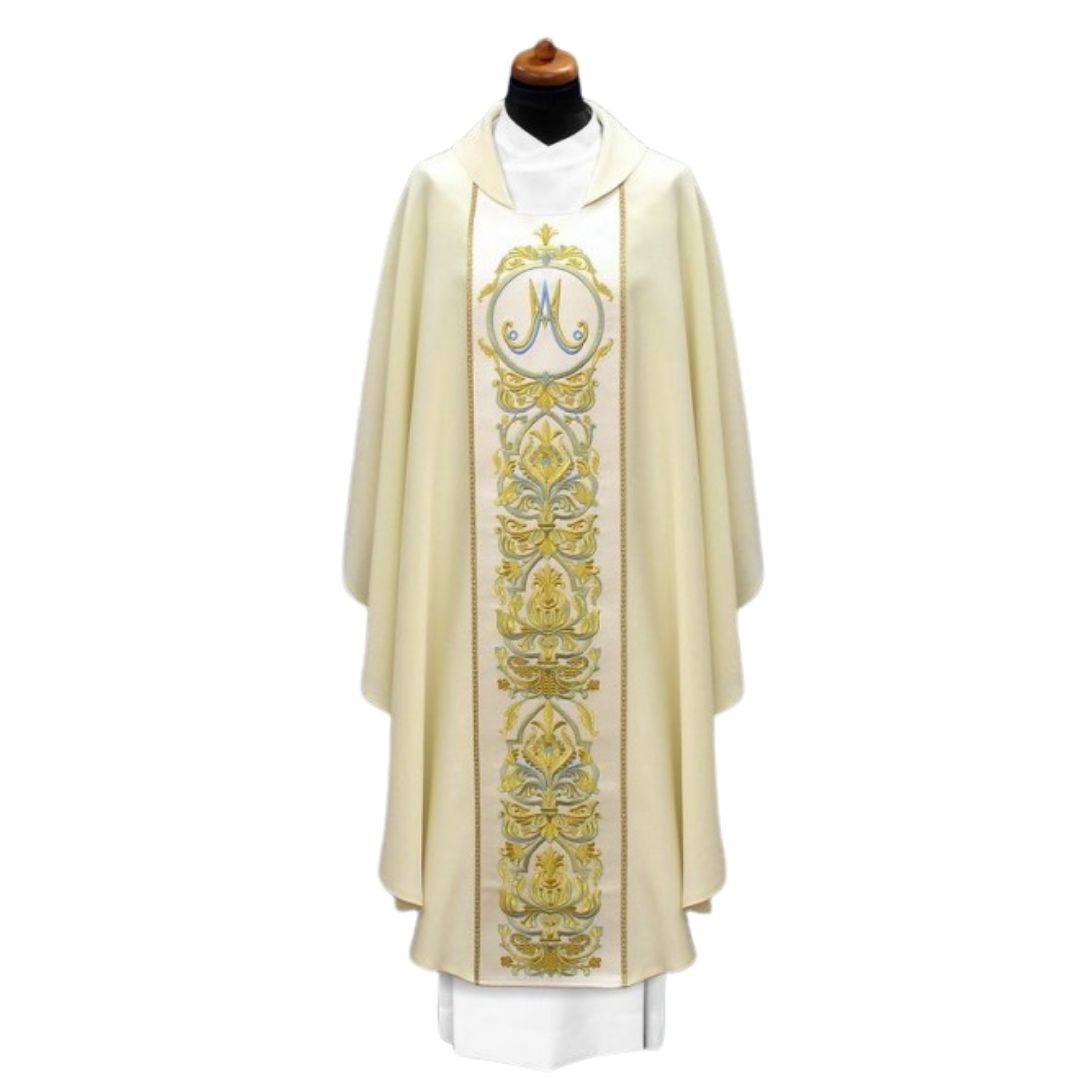 Marian chasuble with baroque embroidery on satin orphrey.