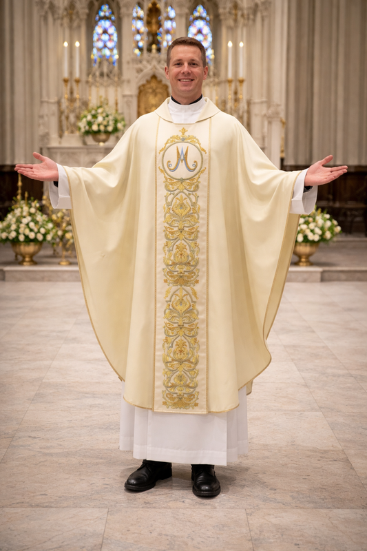 Priest in a liturgical Marian vestment with a cathedral interior in the background