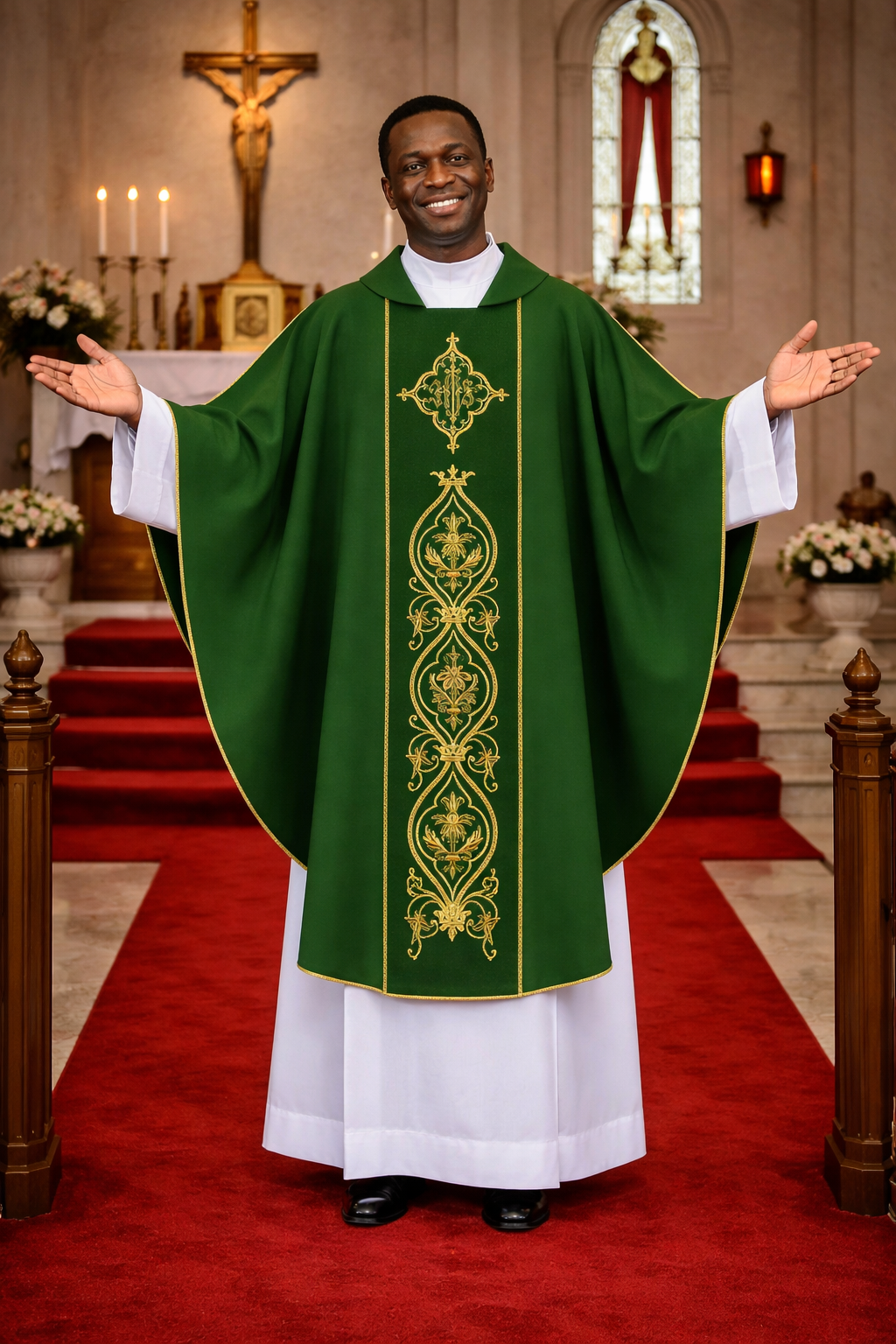 Priest in a green and gold vestment standing in a church with a red carpet.