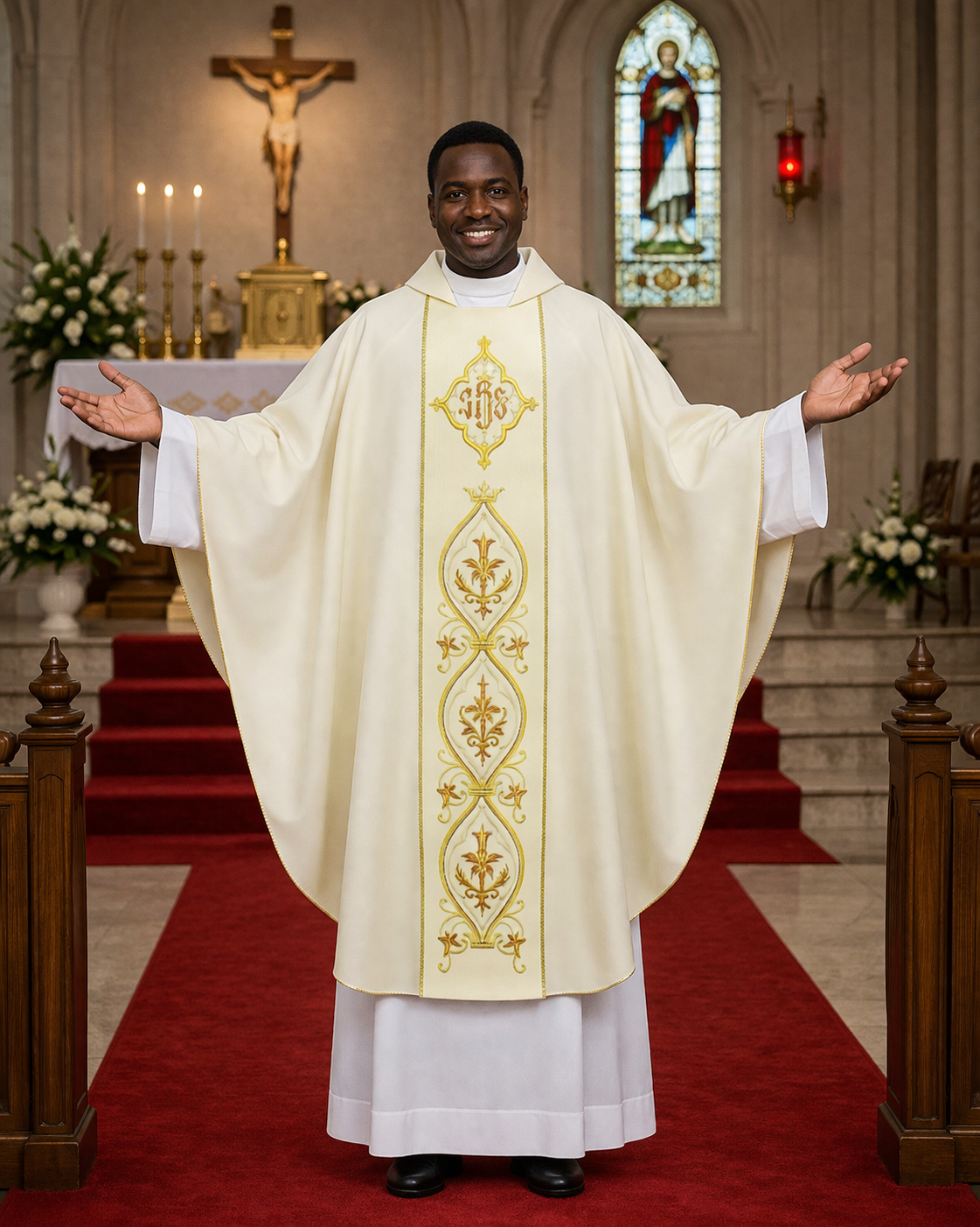 Priest in a white robe with gold embroidery standing in a church.