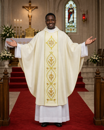 Priest in a white robe with gold embroidery standing in a church.