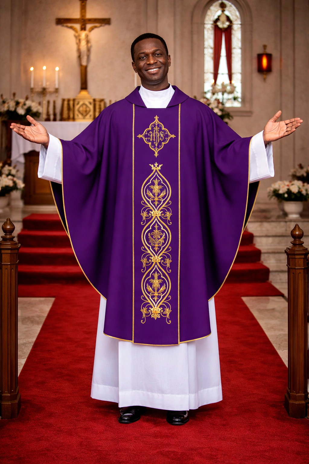 Priest in purple vestment with gold embroidery standing in a church.