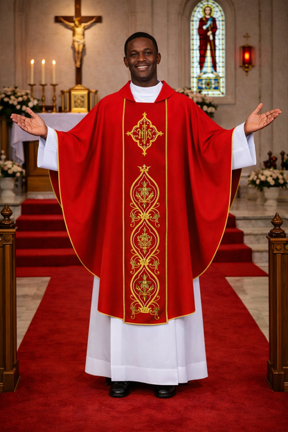 Priest in red and white liturgical vestments standing in a church with stained glass window and altar.