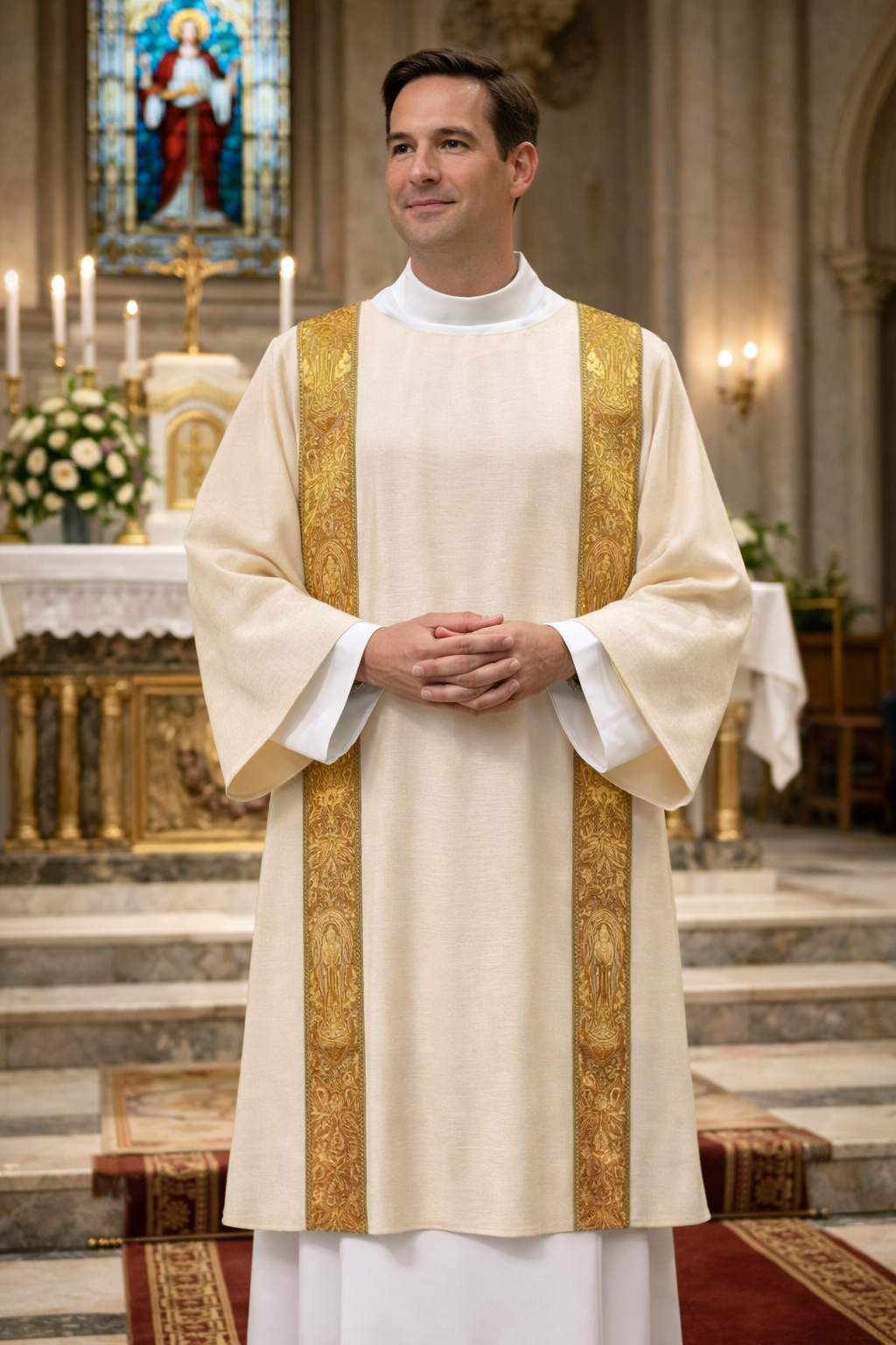 Deacon in liturgical vestments standing in a church setting with stained glass and altar in the background.