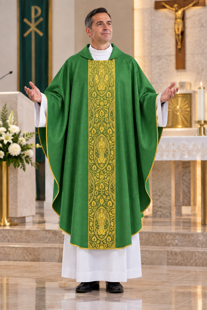A man wearing a green liturgical vestment with ornate gold embroidery stands in a church setting with his hands outstretched, over white robes.