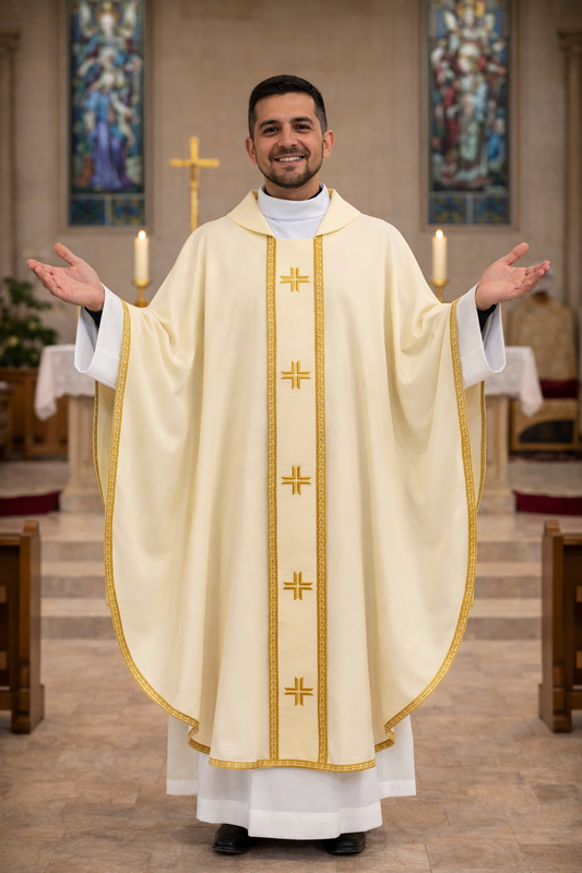 Ivory chasuble with gold embroidered crosses on velevt orphrey and gold gallon trim. 