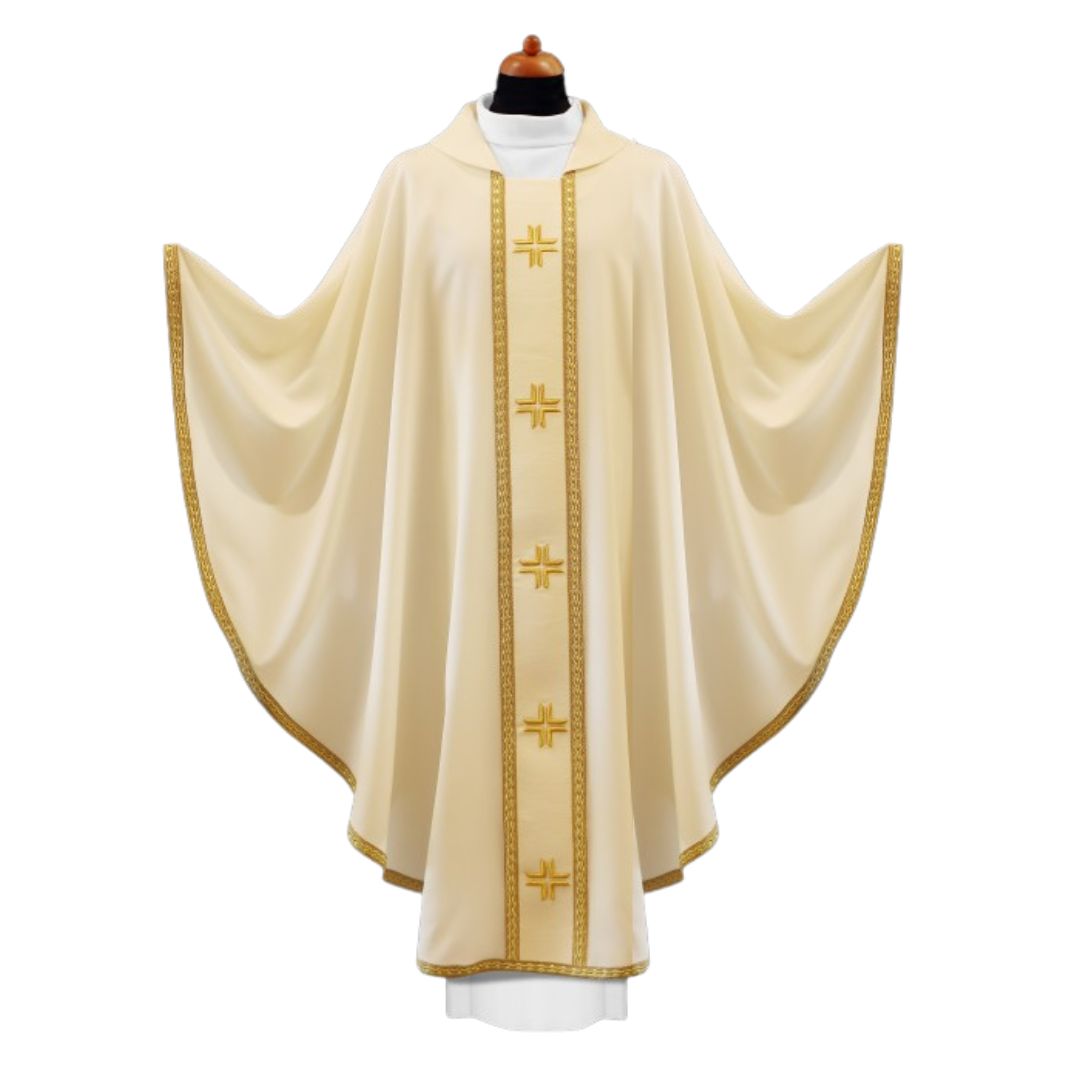 Gothic chasuble with crosses on velvet banding. Made in Poland and sold by The Clergy Store