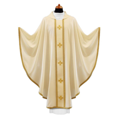 Gothic chasuble with crosses on velvet banding. Made in Poland and sold by The Clergy Store