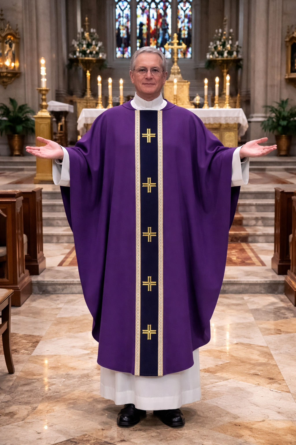 Priest in purple liturgical  monastic style vestment with gold crosses standing in a church.