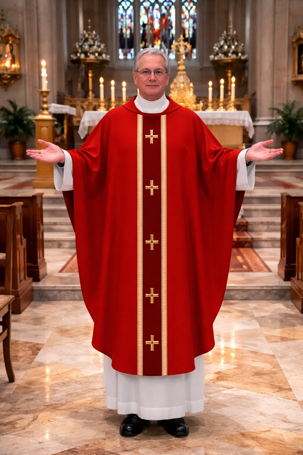 Priest in red liturgical  monastic style vestment with gold crosses standing in a church.