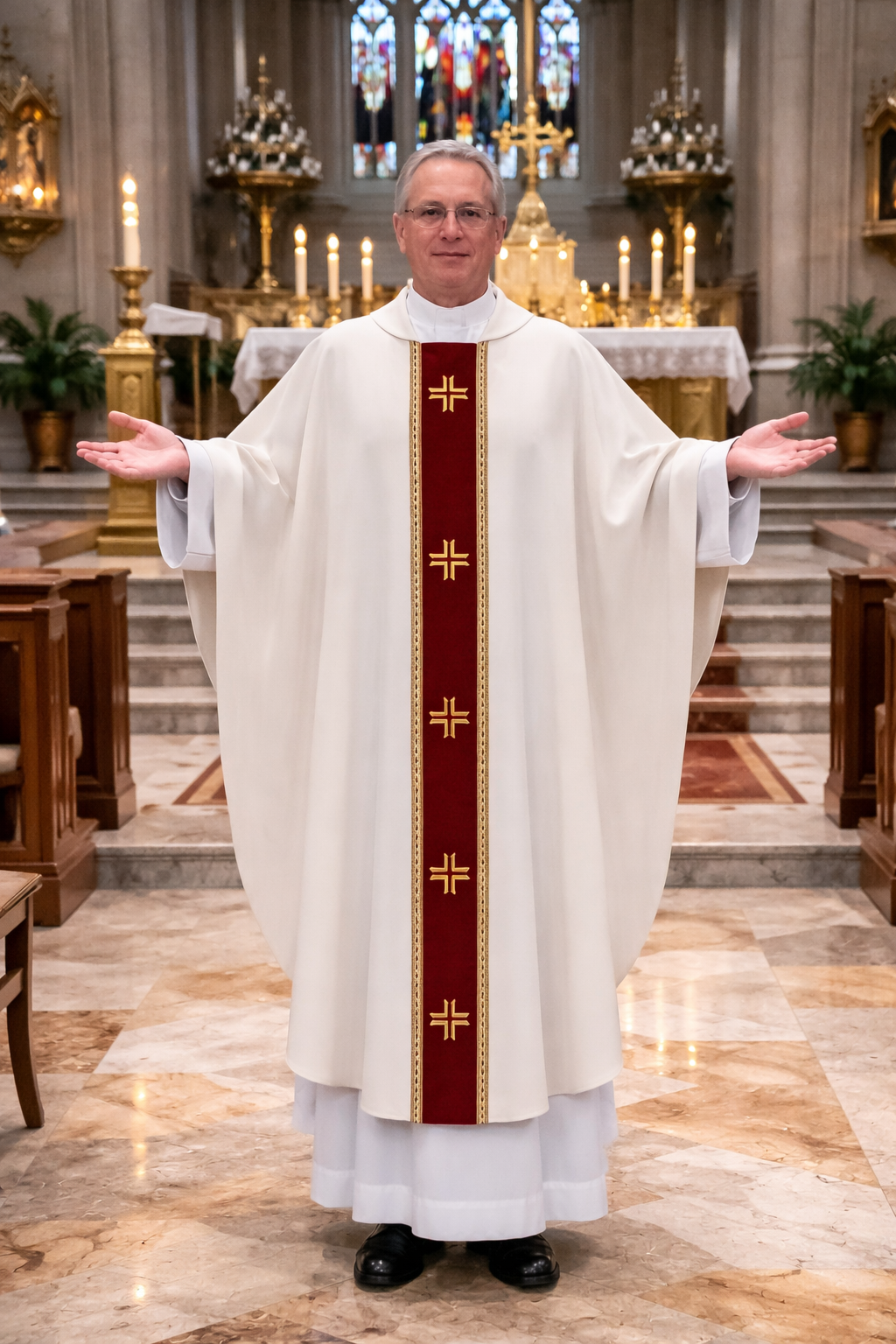 Priest in white liturgical  monastic style vestment with gold crosses standing in a church.