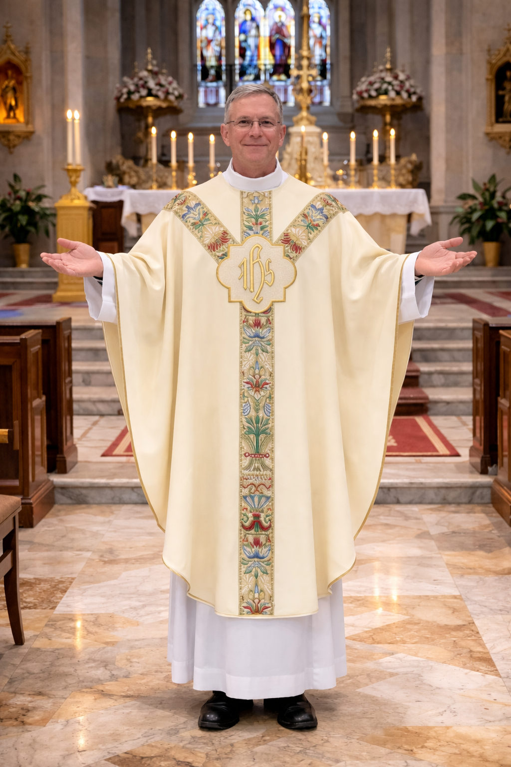 Priest in a ivory gothic liturgical vestment with IHS embroidery standing in a church.