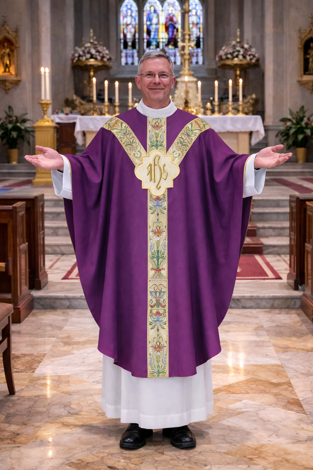 Priest in a purple gothic liturgical vestment with IHS embroidery standing in a church.