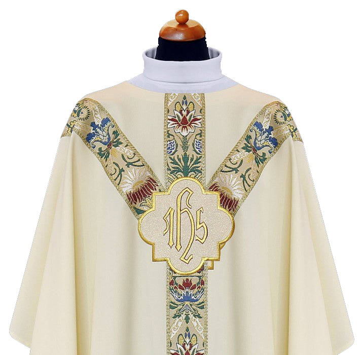 Chasuble with coronation banding and IHS embroidered medallion off-white 1-193
