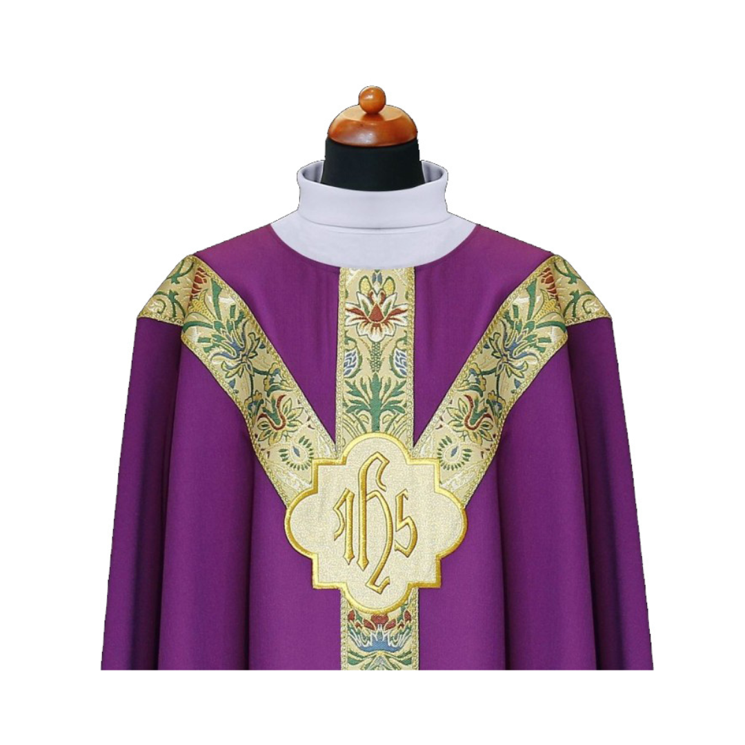 Chasuble with coronation banding and IHS embroidered medallion purple 1-193