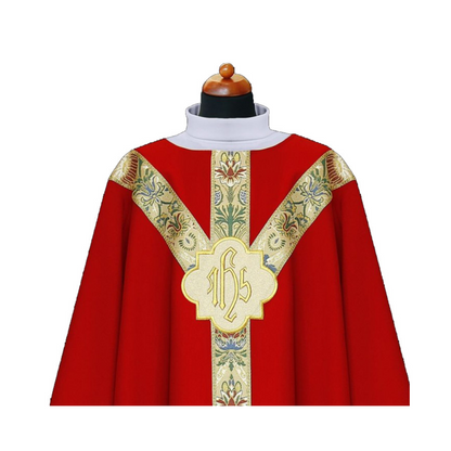 Chasuble with coronation banding and IHS embroidered medallion red 1-193