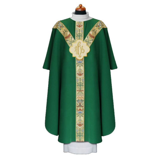 Chasuble with coronation banding and IHS embroidered medallion green 1-193