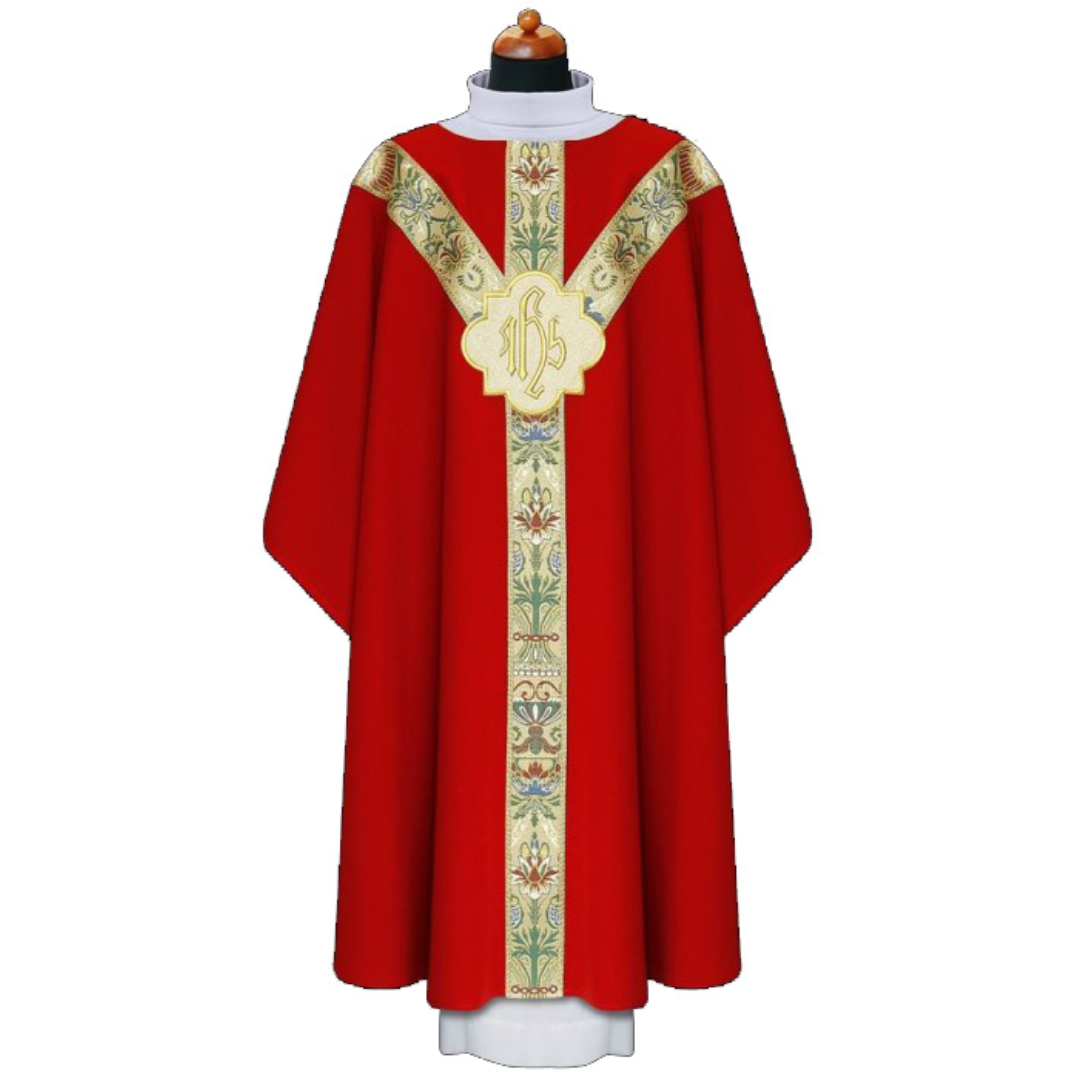Chasuble with coronation banding and IHS embroidered medallion red  1-193
