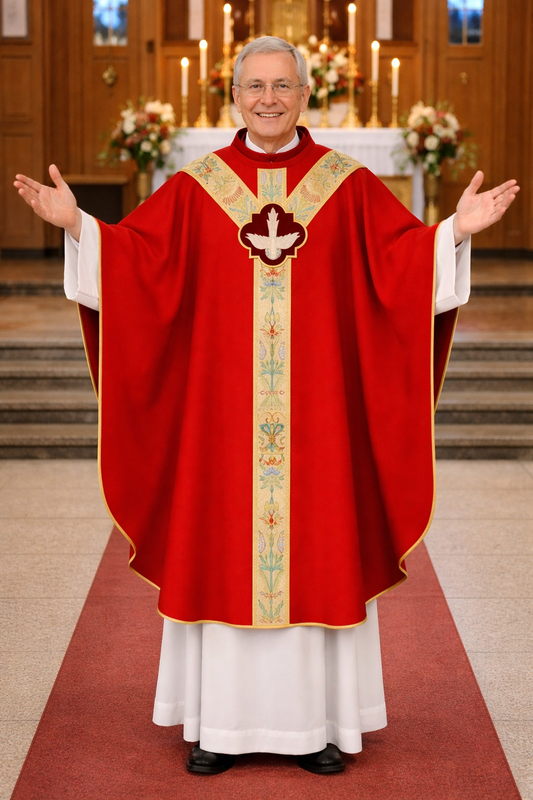 Priest in red Holy Spirit liturgical vestment with white stole in a church setting