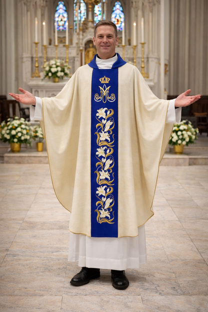 Priest in liturgical Marian vestments with a blue stole in a church setting