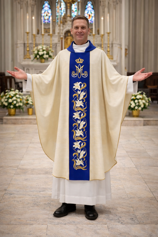 Priest in liturgical Marian vestments with a blue stole in a church setting