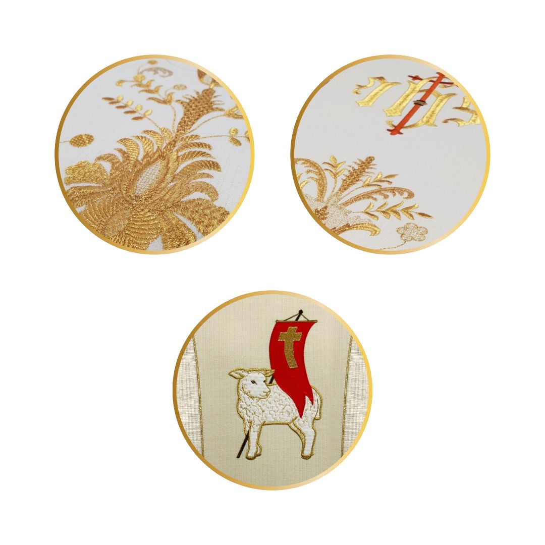 Easter chasuble with embroidered image of the Lamb of God and IHS